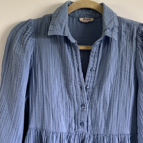 Blue cotton shirt dress / mini dress with collar and 3/4 length sleeves - Picture 2 of 7